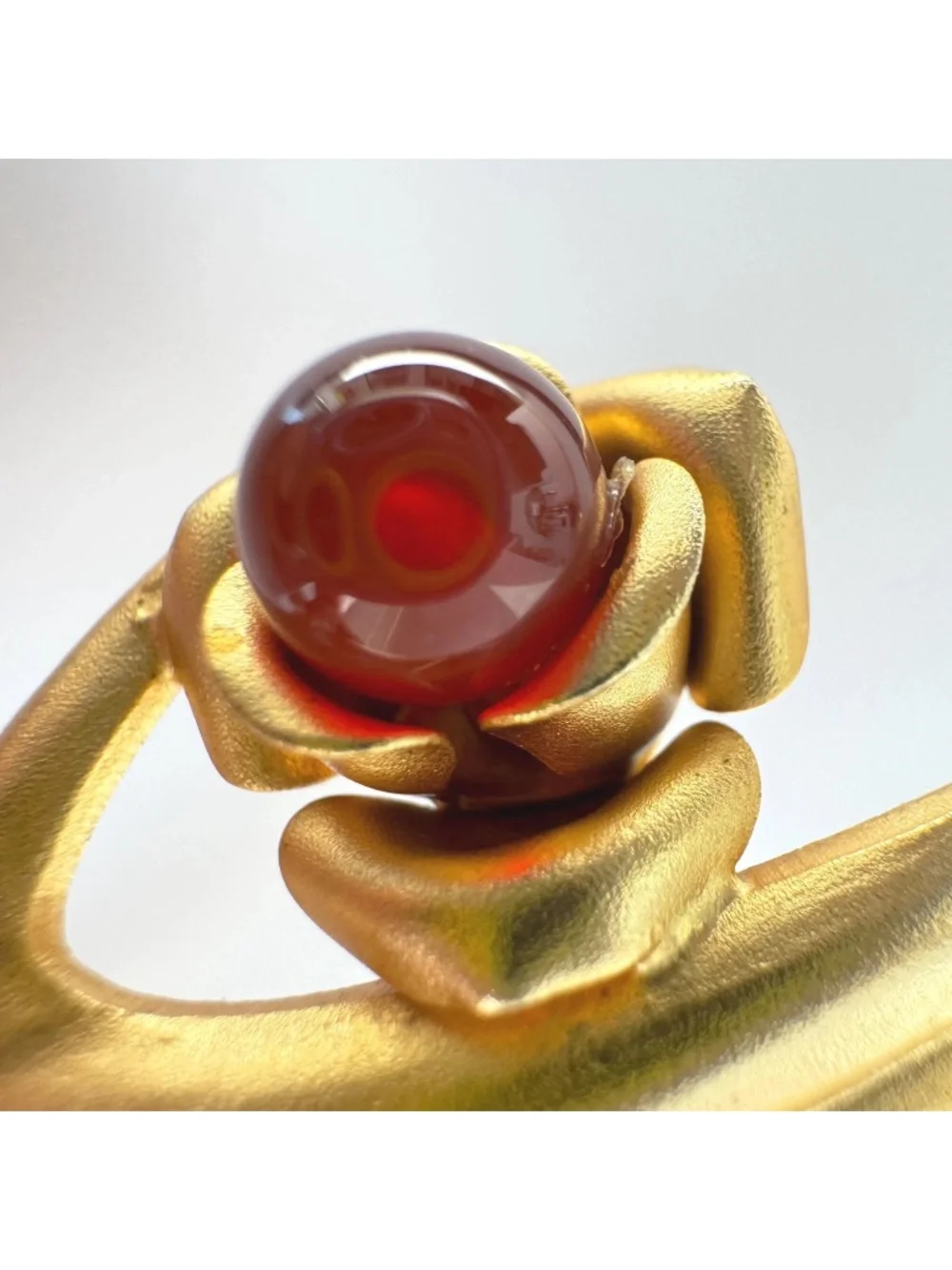 Vintage Gold Hand Brooch Carnelian Red Agate Cabochon Art Nouveau Style Pin